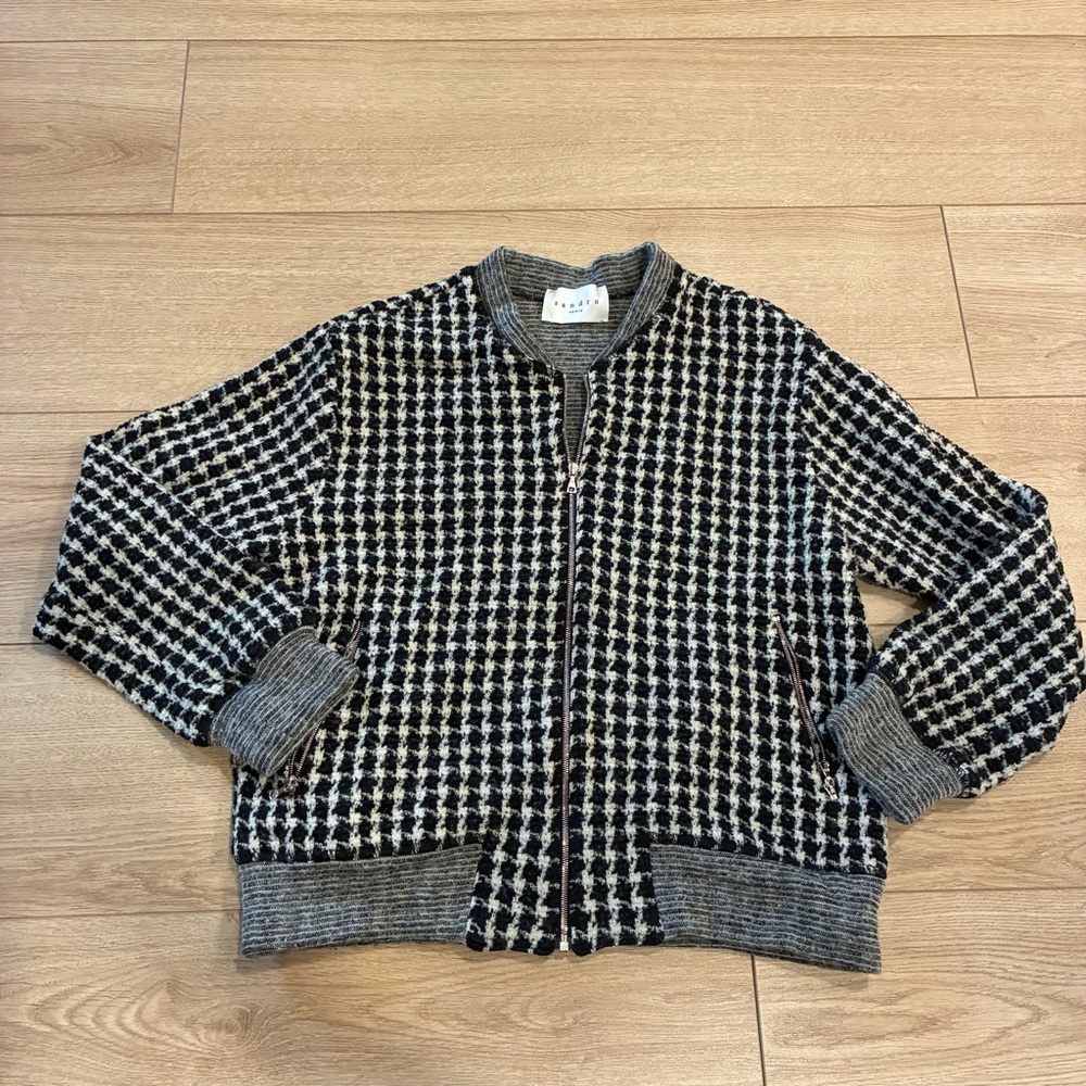 Sandro Paris Houndstooth Black White Wool Blend Bomber Jacket Size 3/L